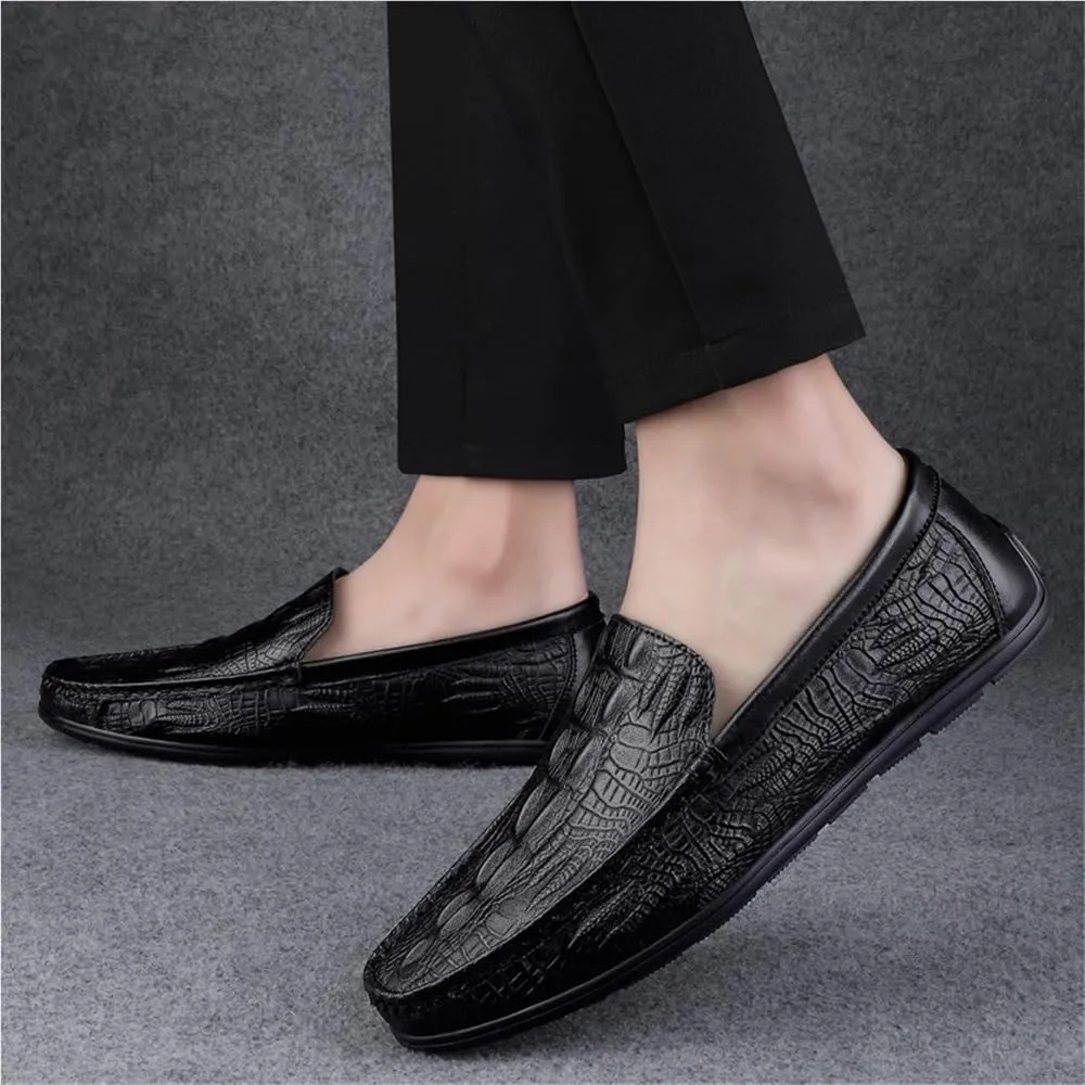 Men's Loafers Shoes Round Toe Leather Crocodile Embossed Loafer Slip Resistant Comfortable Party Casual