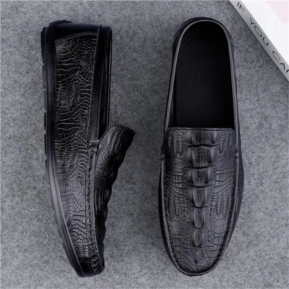 Men's Loafers Shoes Round Toe Leather Crocodile Embossed Loafer Slip Resistant Comfortable Party Casual