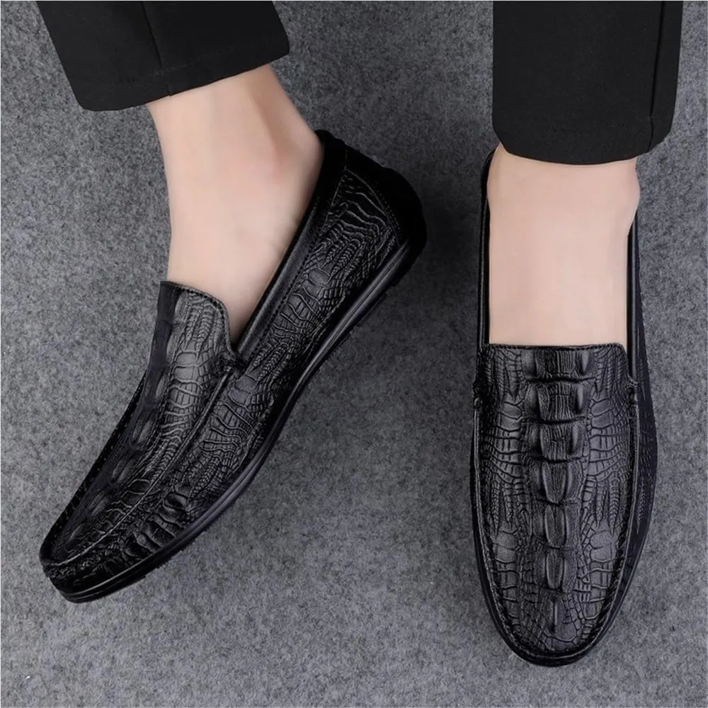 Men's Loafers Shoes Round Toe Leather Crocodile Embossed Loafer Slip Resistant Comfortable Party Casual