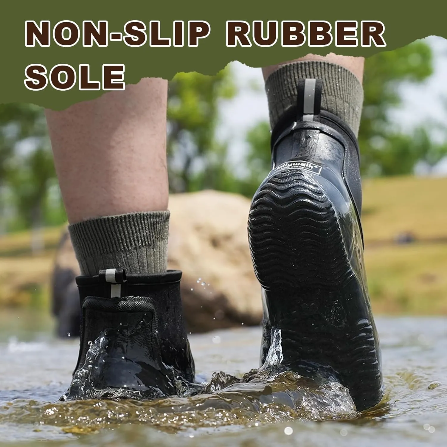Men's Rain Boots, Waterproof Rubber Garden Boots for Men, Men's Outdoor Work Ankle Shoes, Non Slip Neoprene Rubber Short Mud Boots for Hunting Fishing