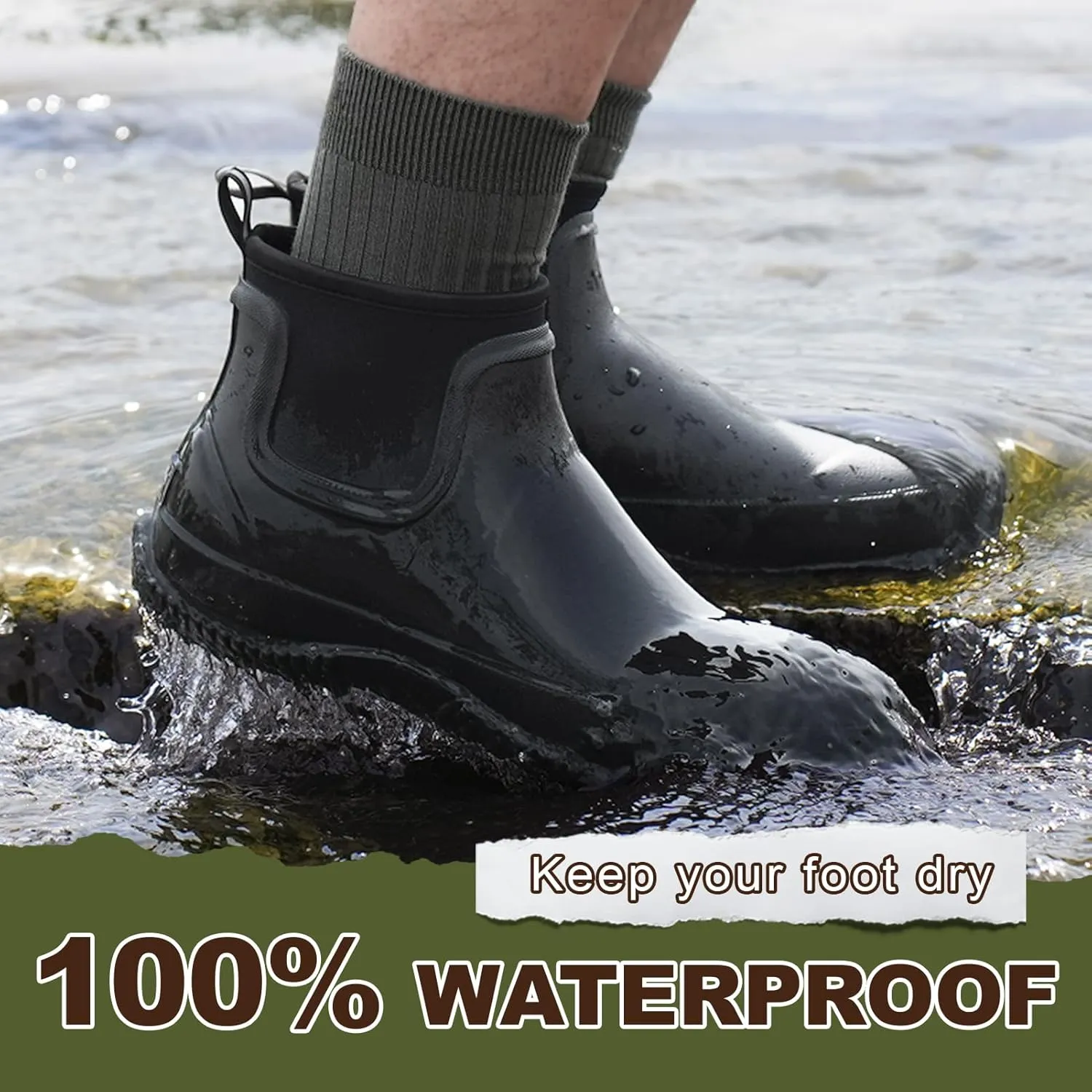 Men's Rain Boots, Waterproof Rubber Garden Boots for Men, Men's Outdoor Work Ankle Shoes, Non Slip Neoprene Rubber Short Mud Boots for Hunting Fishing