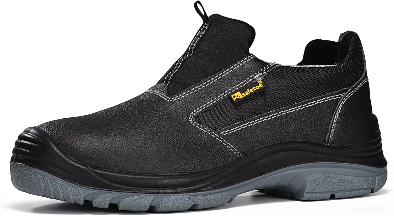 Men's Slip On Work Shoes Low Height Steel Toe Cow Leather Black Safety Shoes with Steel Plate Midsole Lightweight Comfortable Sneakers for Industrial