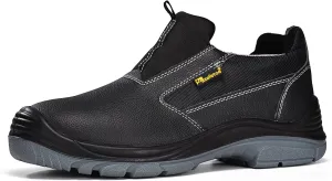 Men's Slip On Work Shoes Low Height Steel Toe Cow Leather Black Safety Shoes with Steel Plate Midsole Lightweight Comfortable Sneakers for Industrial