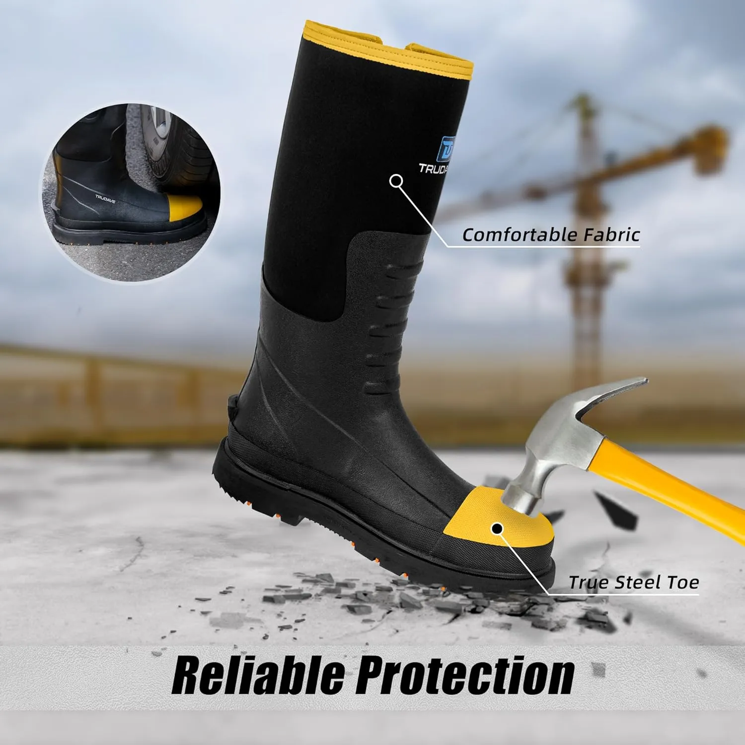 Men's Steel Toe Rubber Boots, Waterproof Anti Slip Mud Boots, 6mm Neoprene Warm Outdoor Hunting Boots, Black, Size 6-14