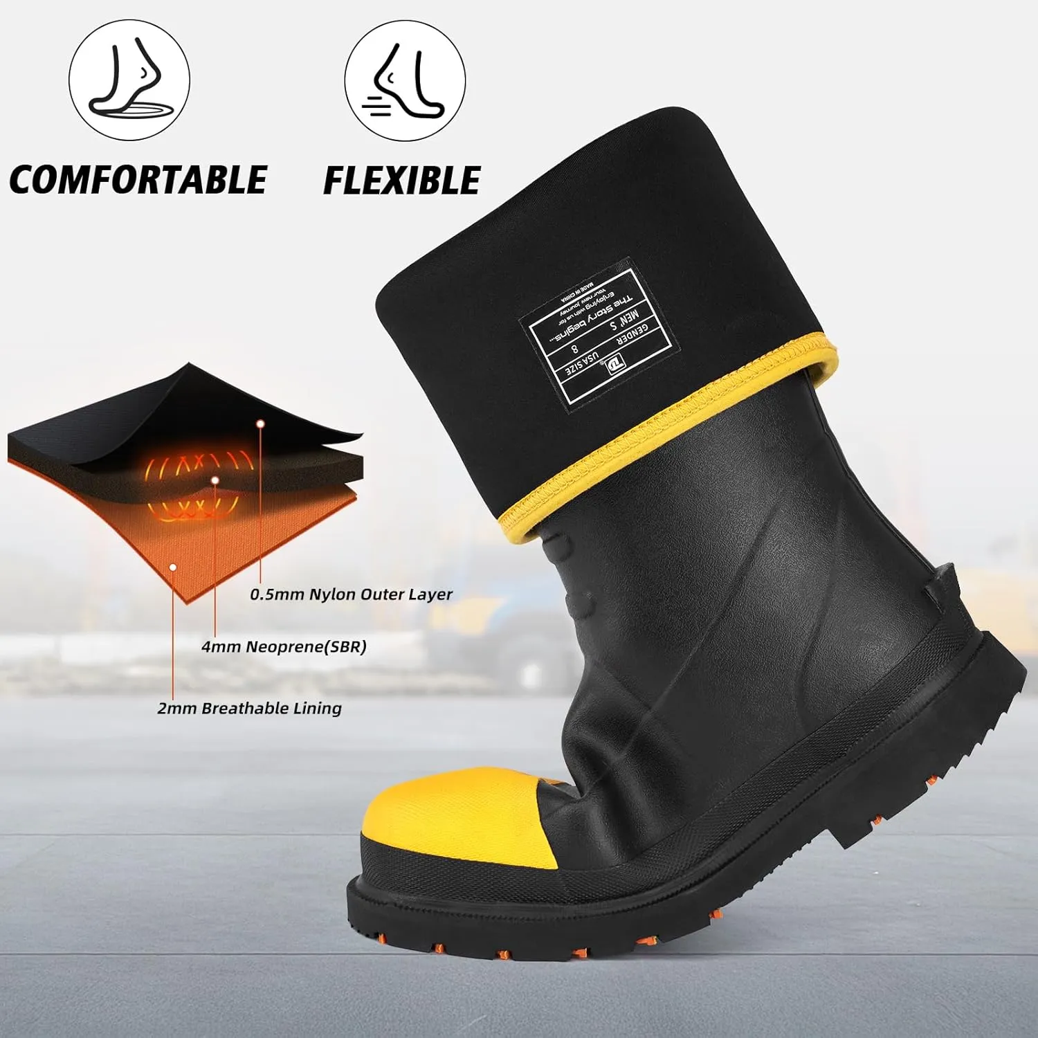 Men's Steel Toe Rubber Boots, Waterproof Anti Slip Mud Boots, 6mm Neoprene Warm Outdoor Hunting Boots, Black, Size 6-14