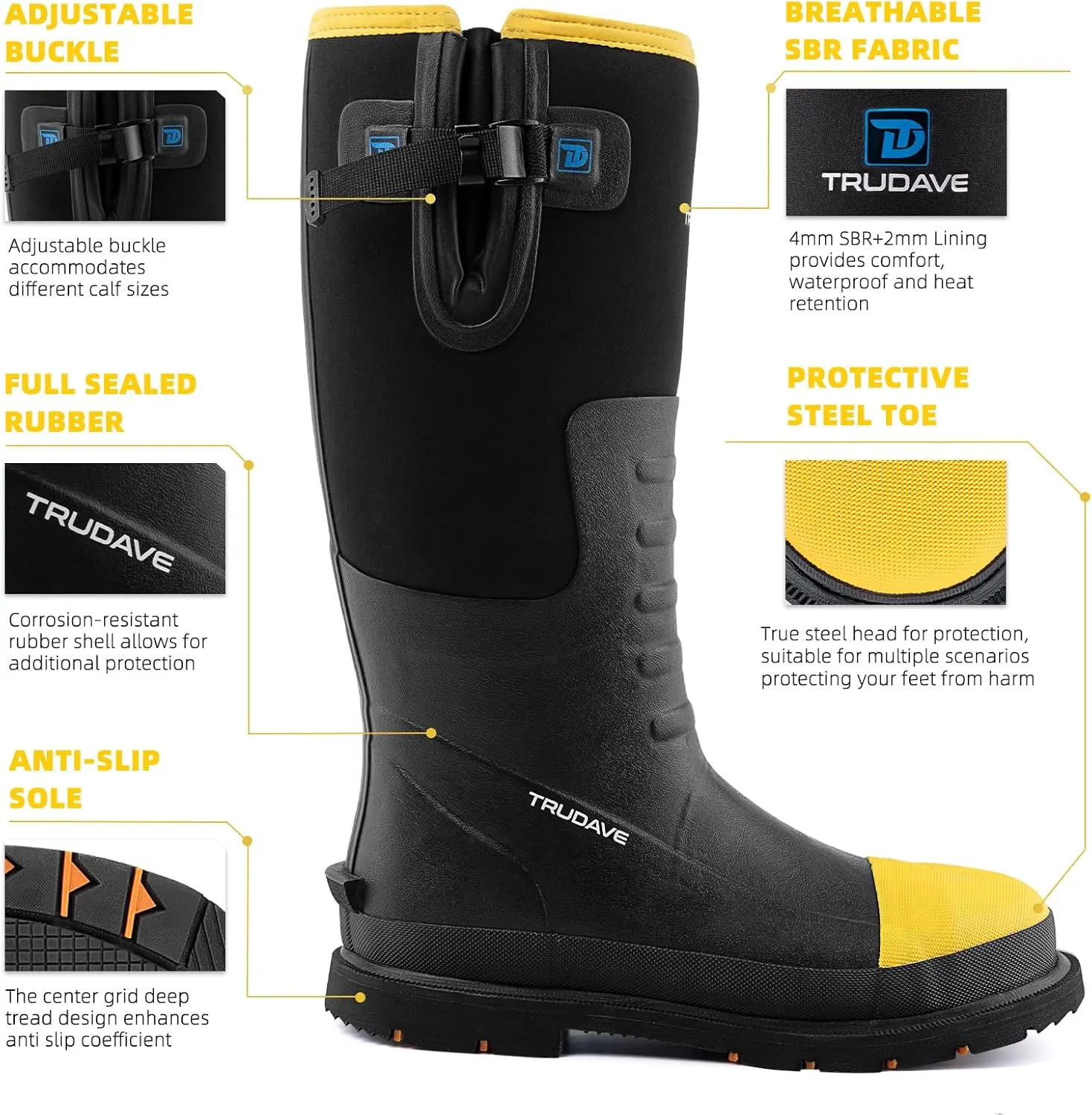 Men's Steel Toe Rubber Boots, Waterproof Anti Slip Mud Boots, 6mm Neoprene Warm Outdoor Hunting Boots, Black, Size 6-14
