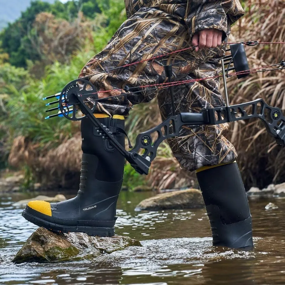 Men's Steel Toe Rubber Boots, Waterproof Anti Slip Mud Boots, 6mm Neoprene Warm Outdoor Hunting Boots, Black, Size 6-14