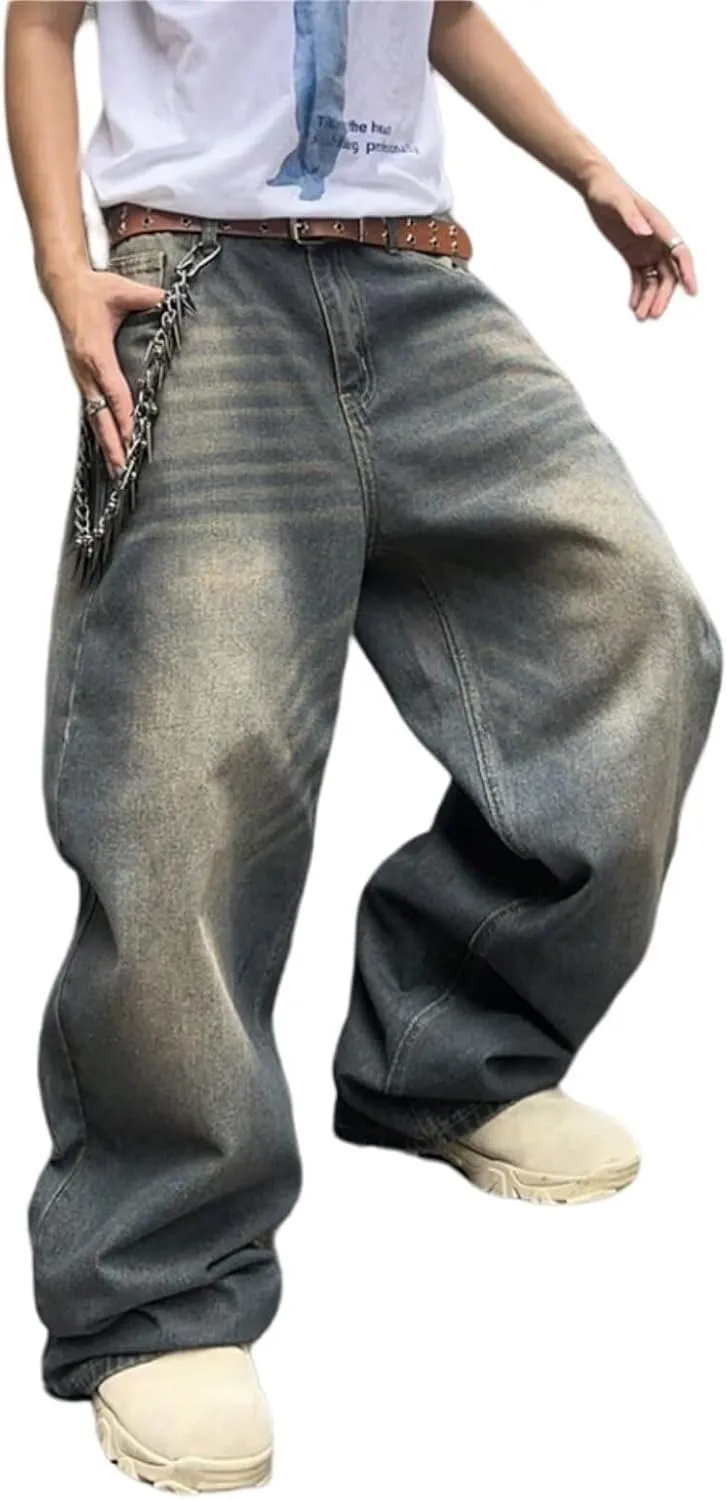 Mens Streetwear Hip Hop Baggy Jeans Wide Leg Skater Denim Pants Loose Long Trousers