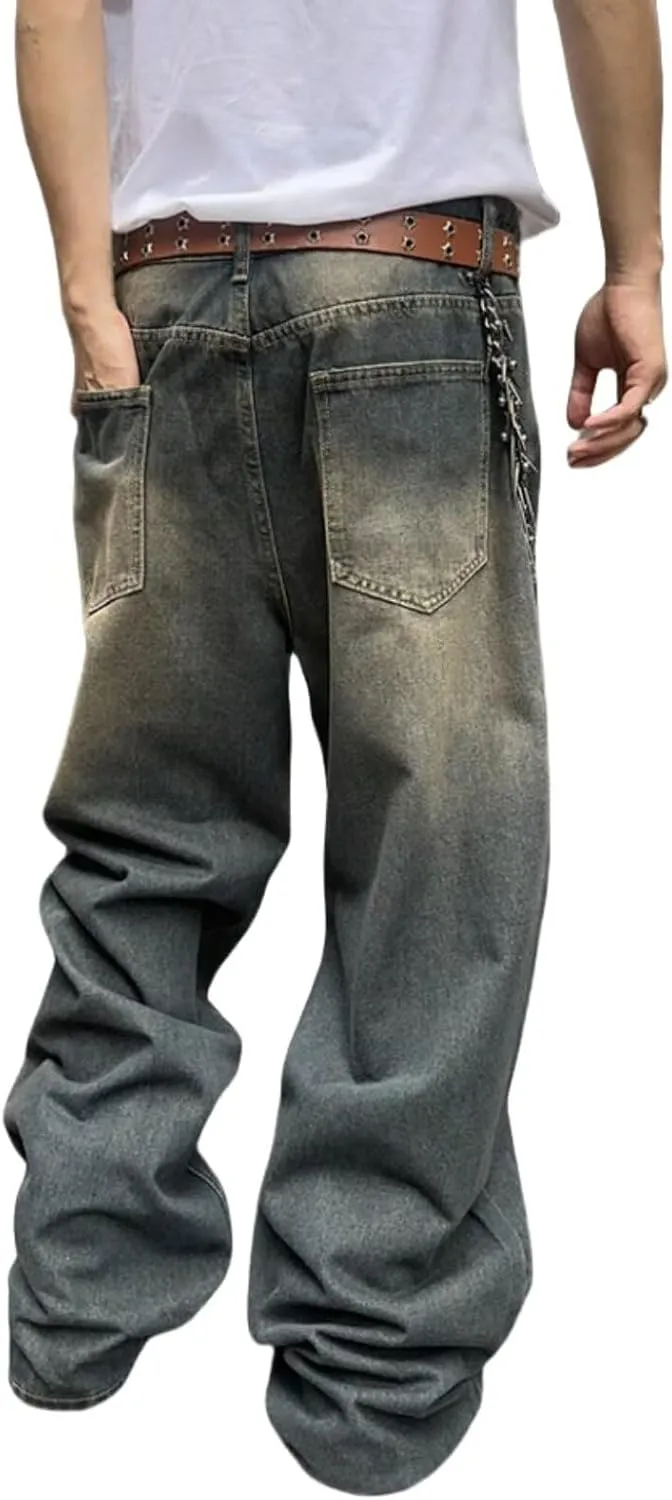 Mens Streetwear Hip Hop Baggy Jeans Wide Leg Skater Denim Pants Loose Long Trousers
