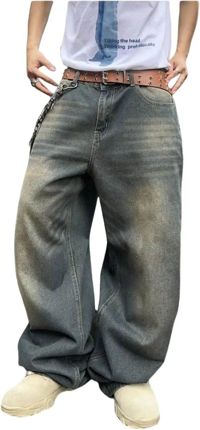 Mens Streetwear Hip Hop Baggy Jeans Wide Leg Skater Denim Pants Loose Long Trousers