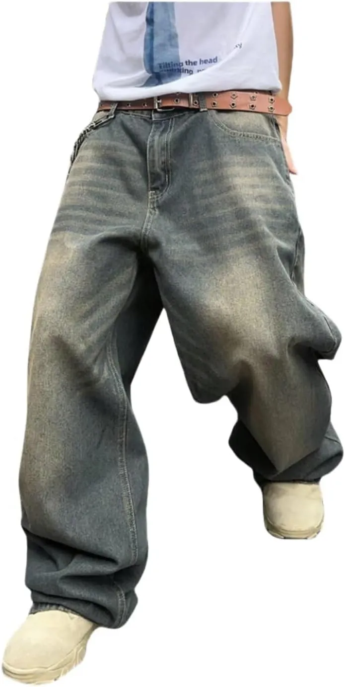 Mens Streetwear Hip Hop Baggy Jeans Wide Leg Skater Denim Pants Loose Long Trousers