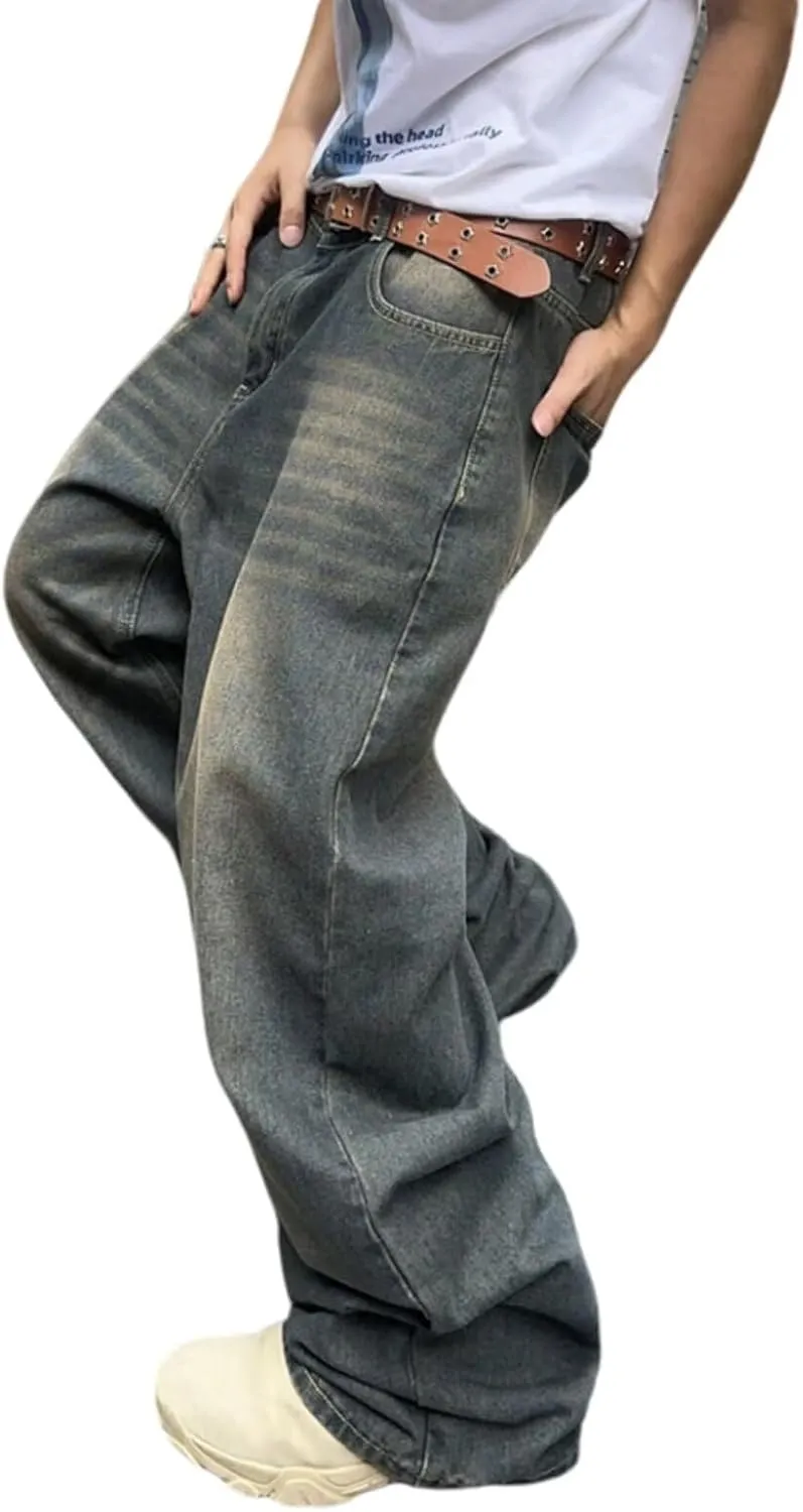 Mens Streetwear Hip Hop Baggy Jeans Wide Leg Skater Denim Pants Loose Long Trousers