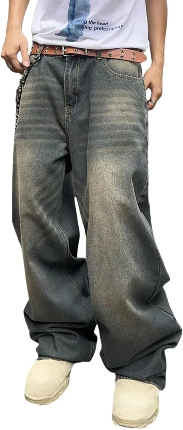 Mens Streetwear Hip Hop Baggy Jeans Wide Leg Skater Denim Pants Loose Long Trousers