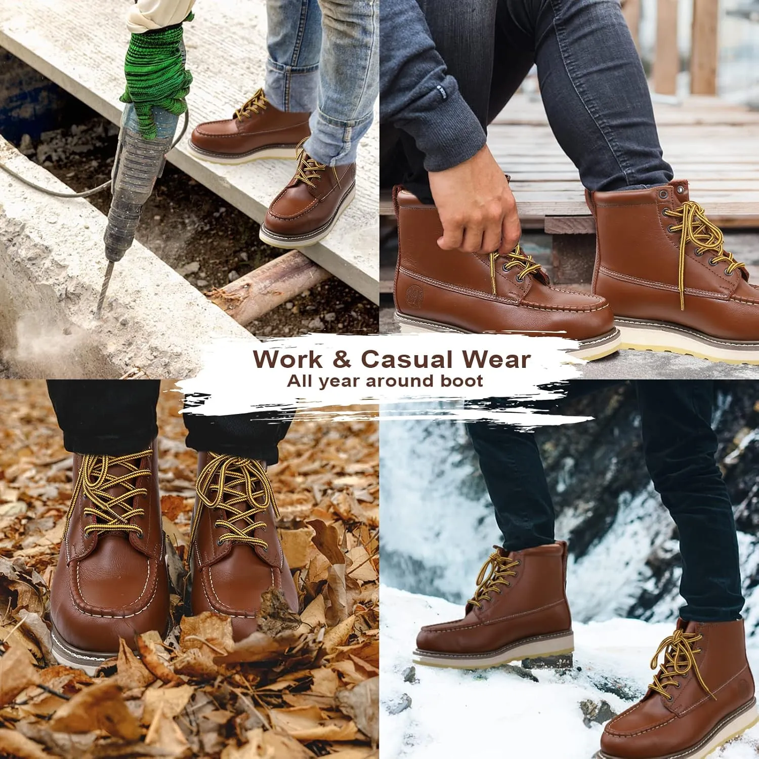 Men's Stylish Classic 4", 6", & 8" Soft Moc Toe & Steel Toe EH Leather SureTrack Work Boots with Non-Slip Wedge Outsole & Goodyear Storm Welt