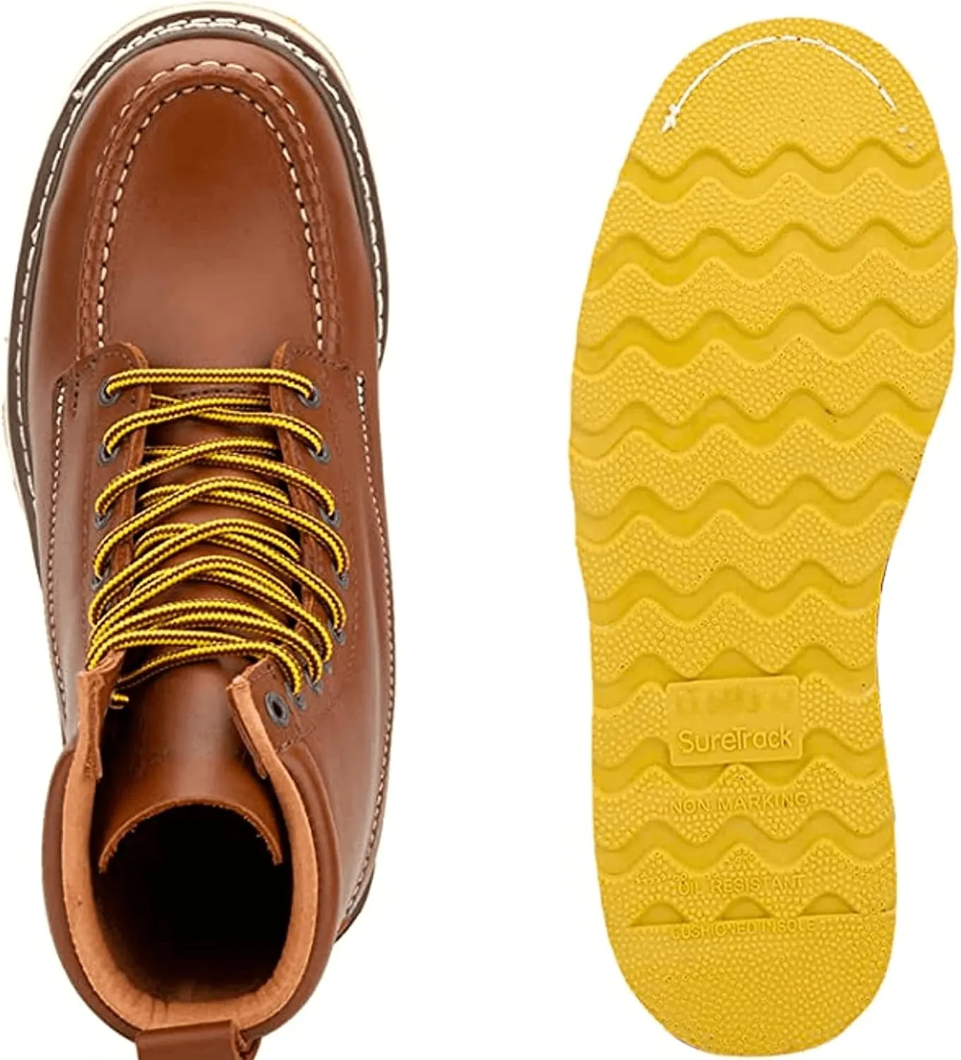 Men's Stylish Classic 4", 6", & 8" Soft Moc Toe & Steel Toe EH Leather SureTrack Work Boots with Non-Slip Wedge Outsole & Goodyear Storm Welt