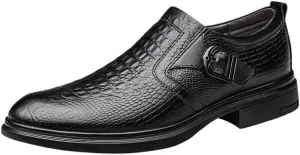 Men's Vintage Monk Loafers with Buckle, Leather Slip-On Dress Shoes, Comfortable Wedding & Party Oxfords, Fashion Crocodile Pattern Height Increase Shoes