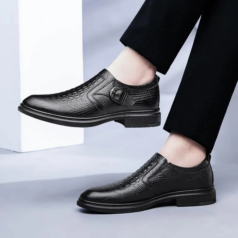 Men's Vintage Monk Loafers with Buckle, Leather Slip-On Dress Shoes, Comfortable Wedding & Party Oxfords, Fashion Crocodile Pattern Height Increase Shoes