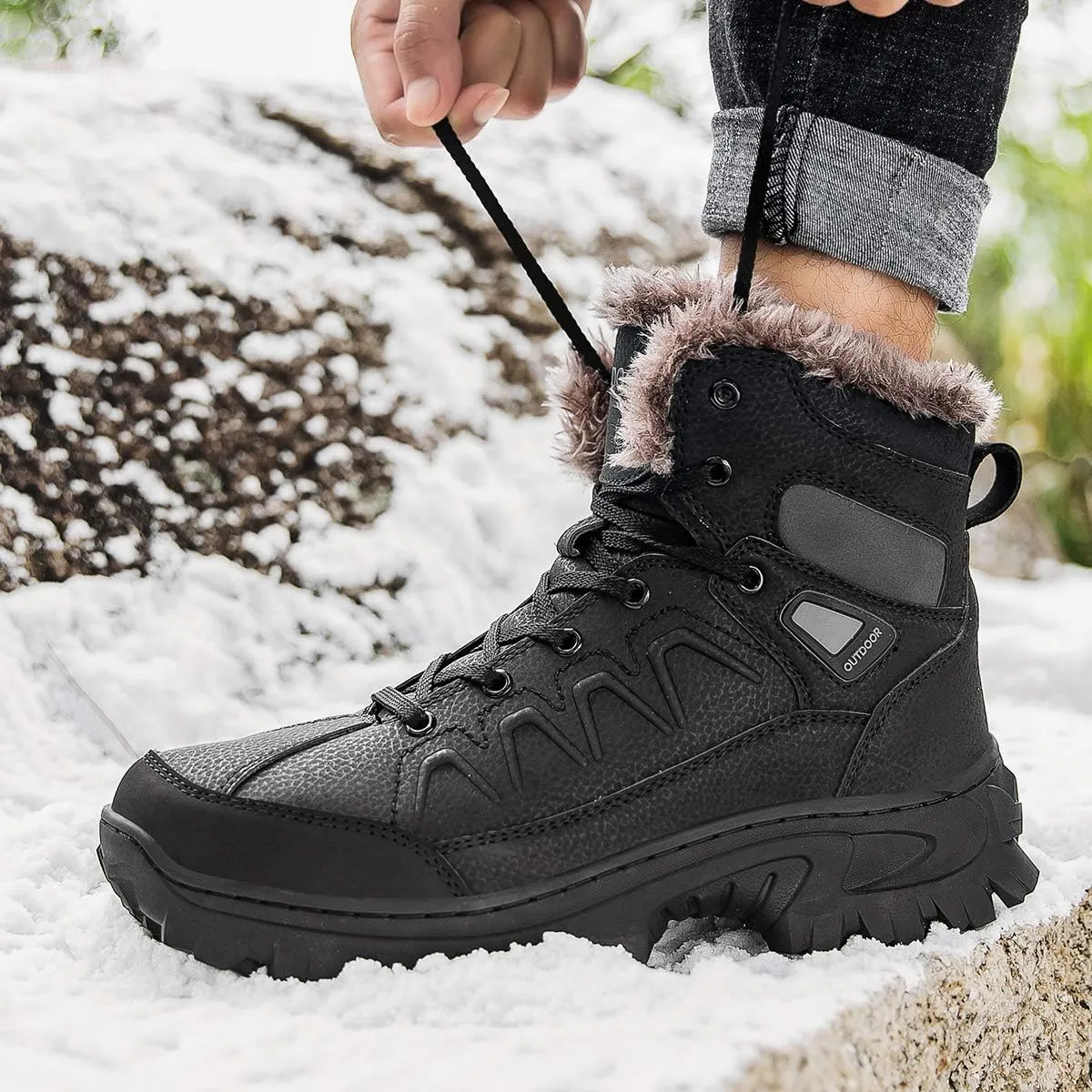 Men's Waterproof Hiking Boots Winter Outdoor Warm Fur Lined Snow Boots Backpacking Working Boots
