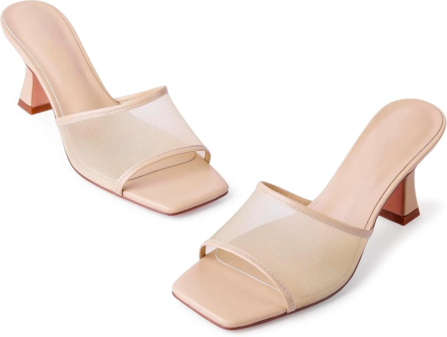 Mesh Mule Heels for Women Kitten Heel Sandals Open Square Toe Heeled Sandals Slip On Mules