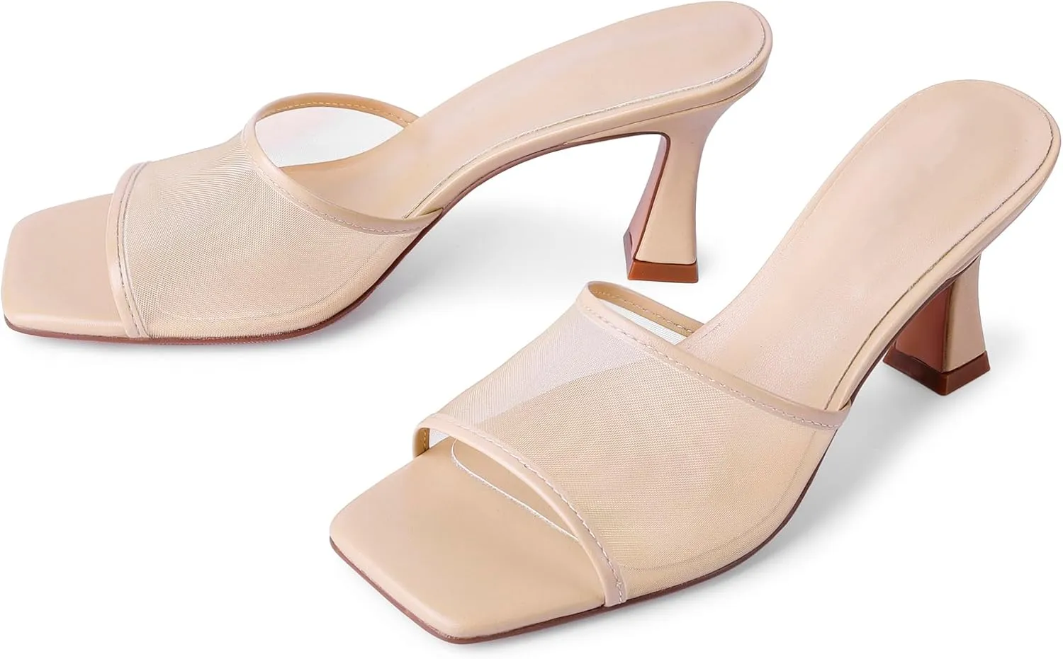 Mesh Mule Heels for Women Kitten Heel Sandals Open Square Toe Heeled Sandals Slip On Mules