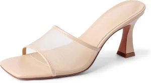 Mesh Mule Heels for Women Kitten Heel Sandals Open Square Toe Heeled Sandals Slip On Mules