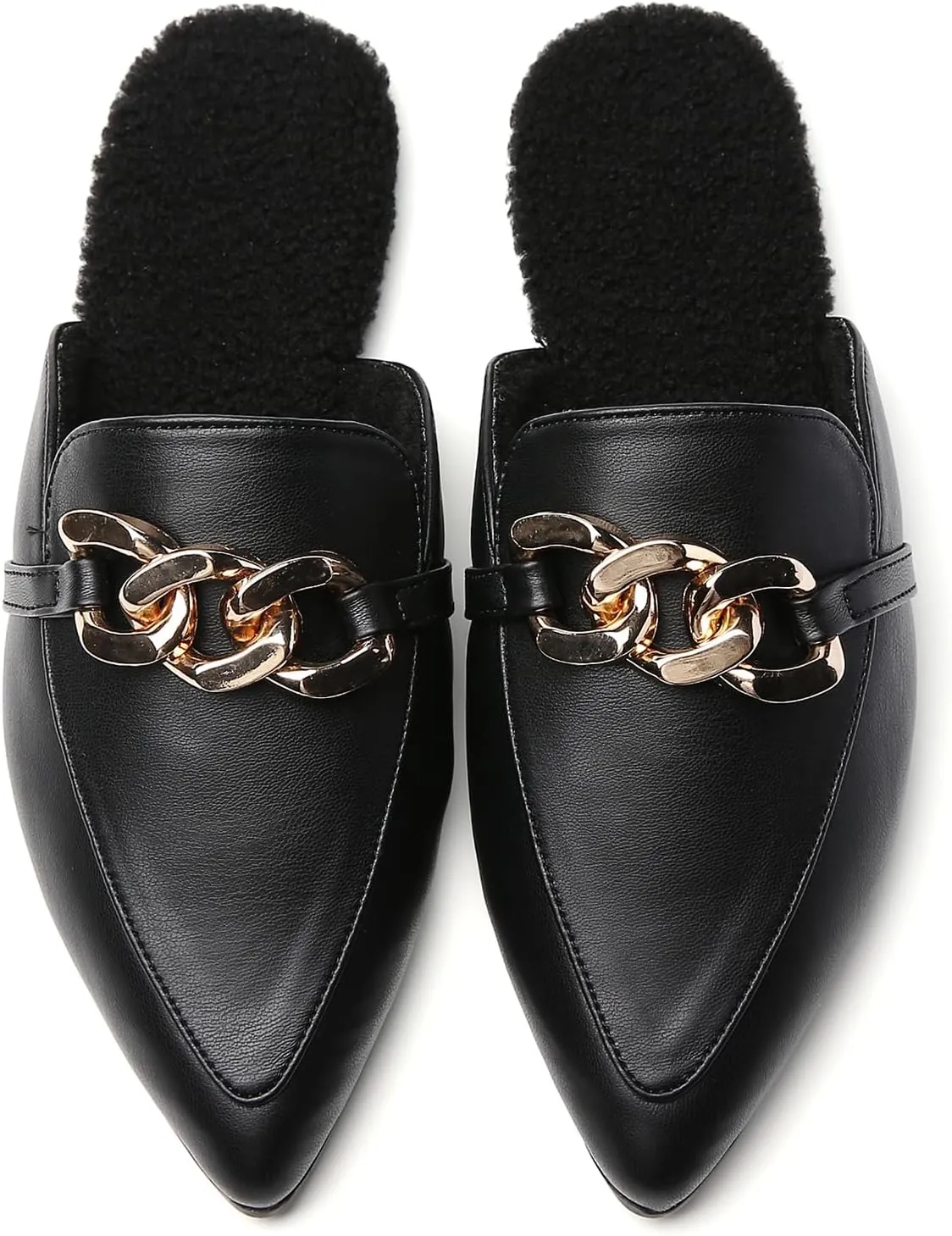 Metal Chain Decor Flat Mules for Women Closed Pointed Toe Slip on Loafers Slides Backless Mules Shoes
