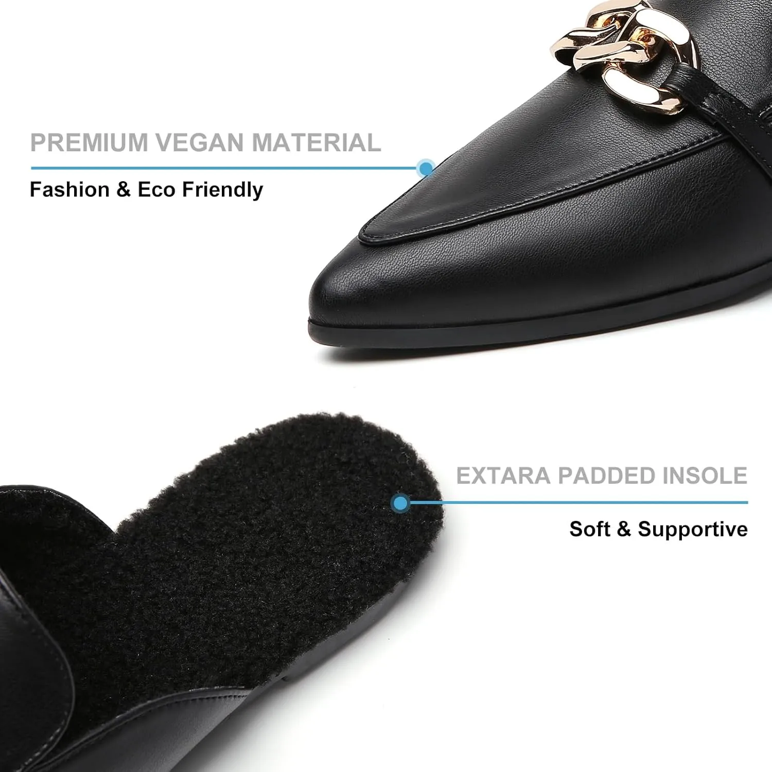 Metal Chain Decor Flat Mules for Women Closed Pointed Toe Slip on Loafers Slides Backless Mules Shoes