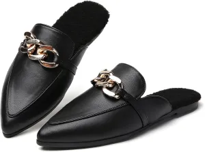 Metal Chain Decor Flat Mules for Women Closed Pointed Toe Slip on Loafers Slides Backless Mules Shoes