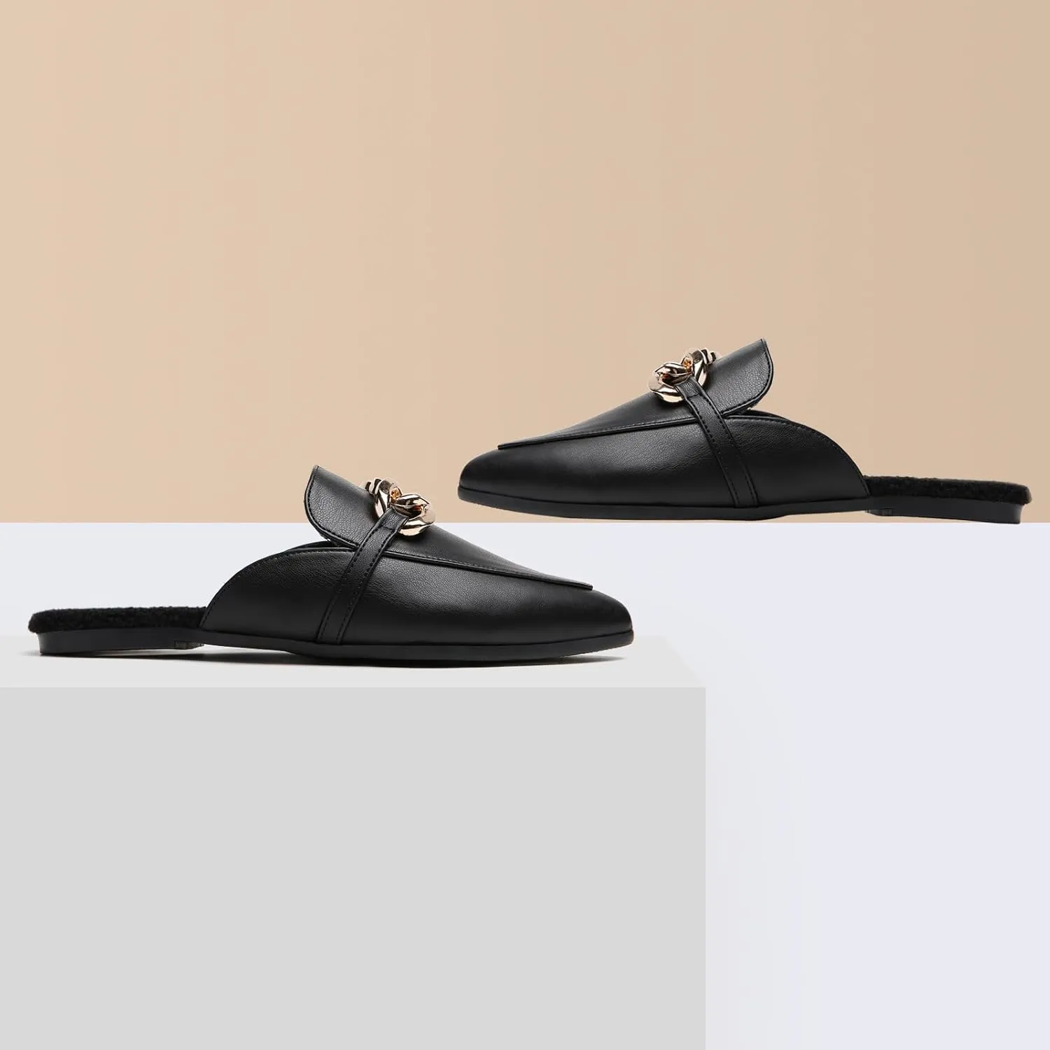Metal Chain Decor Flat Mules for Women Closed Pointed Toe Slip on Loafers Slides Backless Mules Shoes