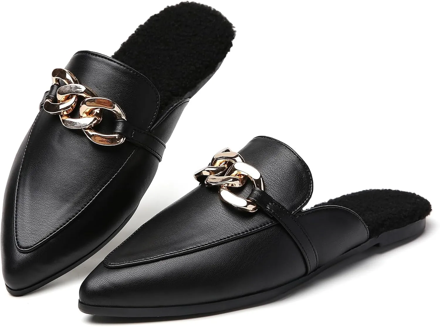 Metal Chain Decor Flat Mules for Women Closed Pointed Toe Slip on Loafers Slides Backless Mules Shoes