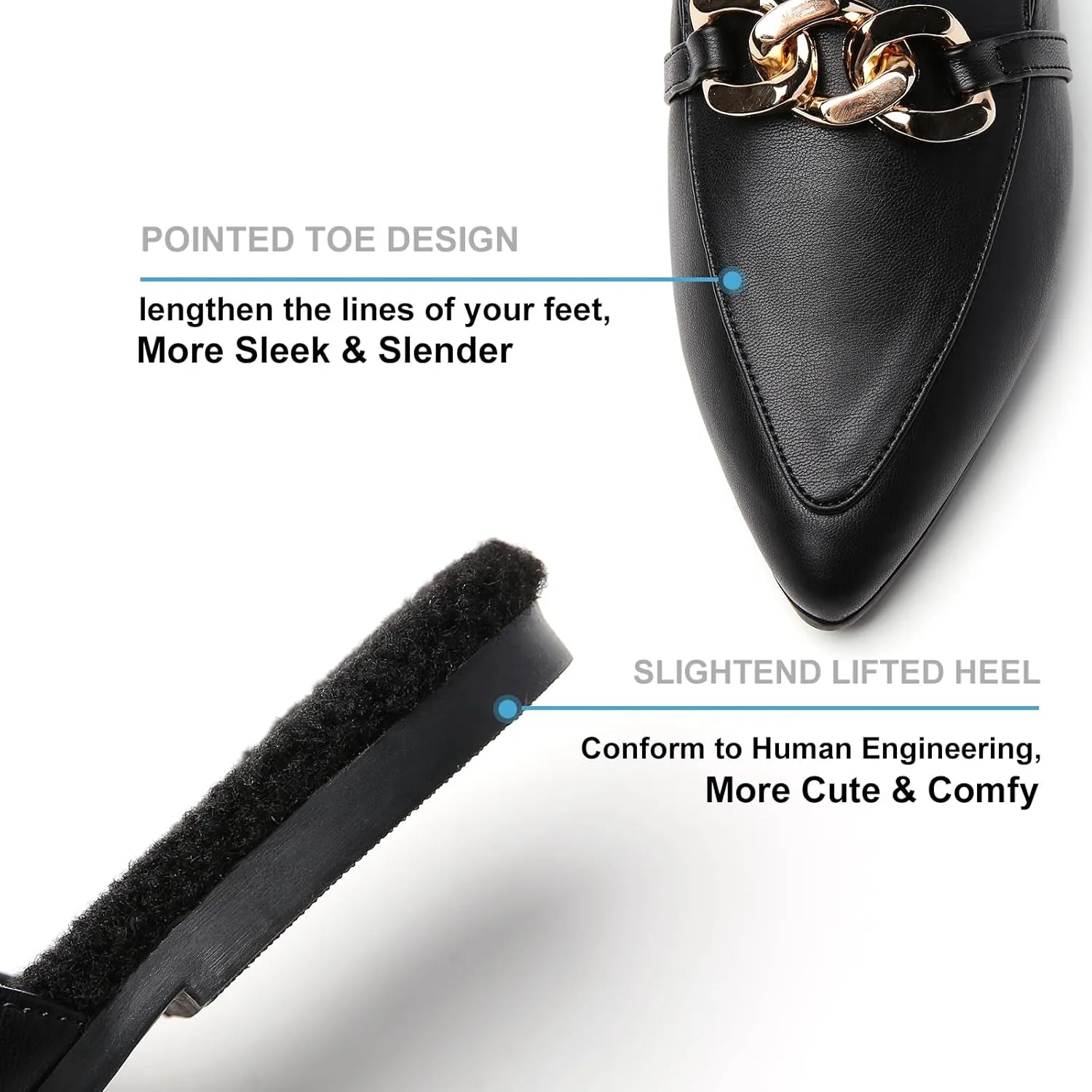 Metal Chain Decor Flat Mules for Women Closed Pointed Toe Slip on Loafers Slides Backless Mules Shoes