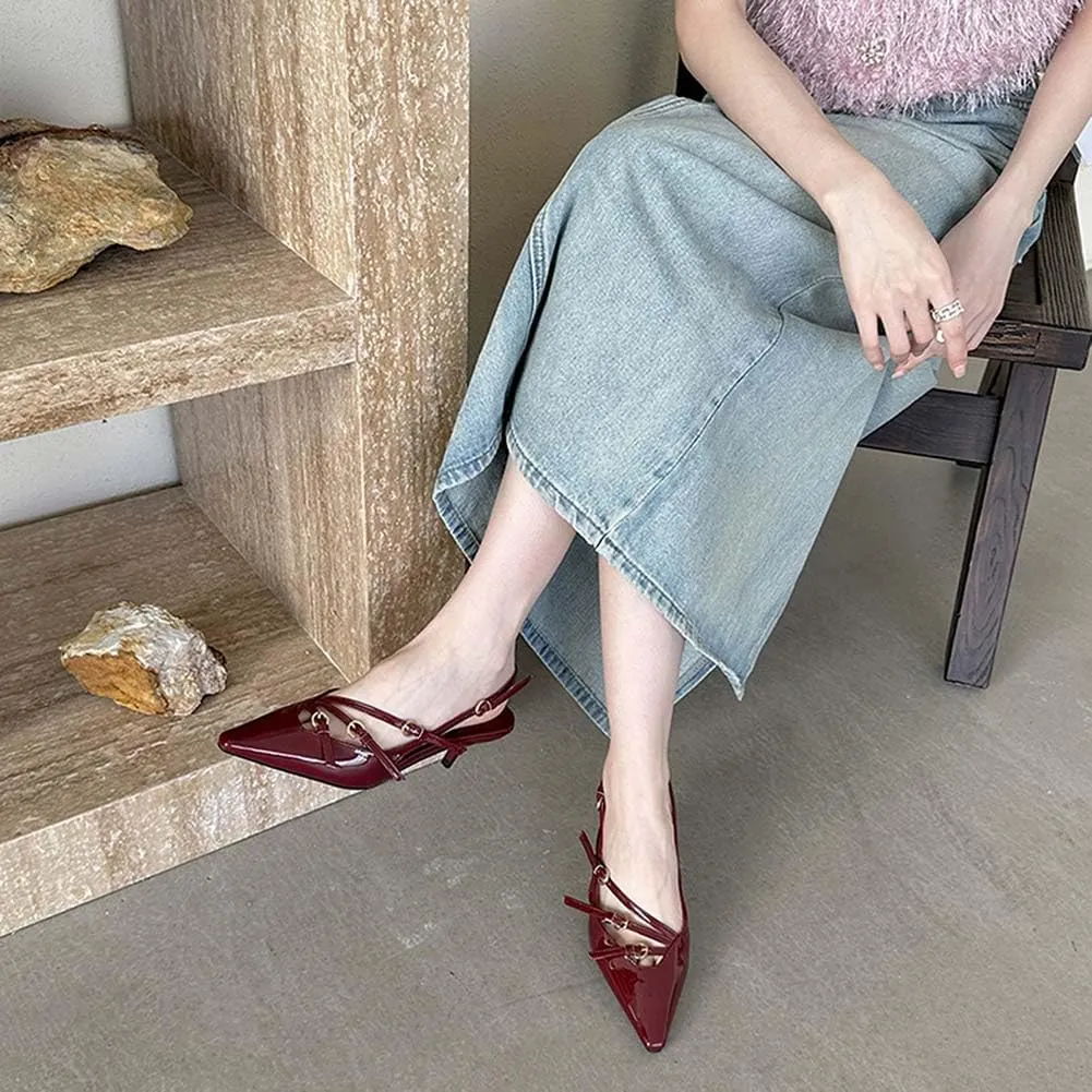 MICIFA Slingback Kitten Heels for Women Pointed Toe Stiletto Heels Slip On Pumps with Buckled Straps Dress Work Heeled Sandals