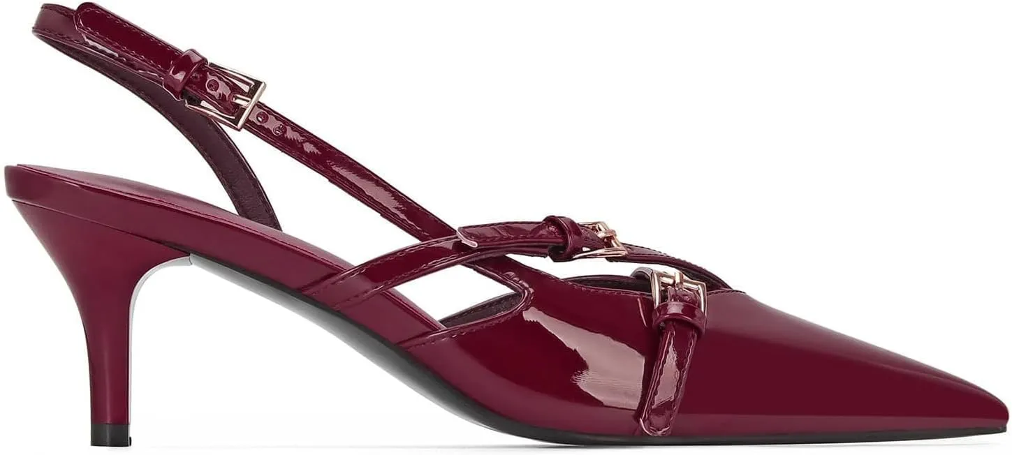 MICIFA Slingback Kitten Heels for Women Pointed Toe Stiletto Heels Slip On Pumps with Buckled Straps Dress Work Heeled Sandals