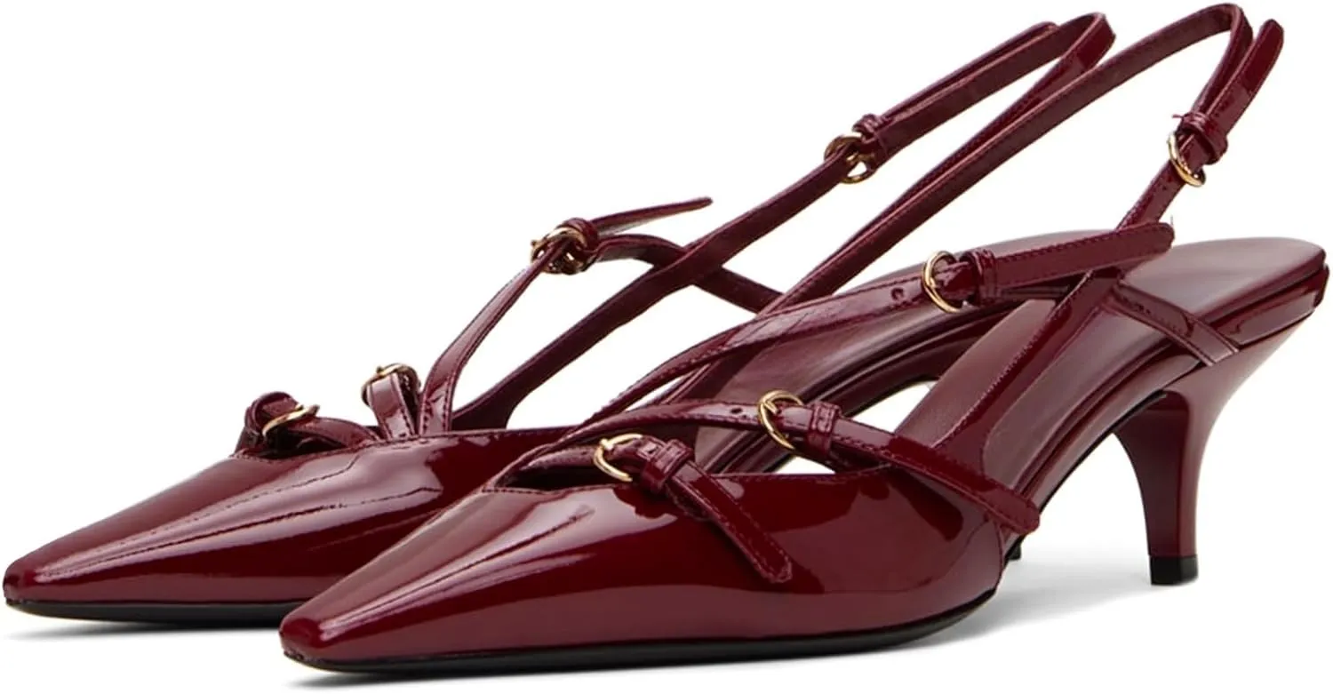 MICIFA Slingback Kitten Heels for Women Pointed Toe Stiletto Heels Slip On Pumps with Buckled Straps Dress Work Heeled Sandals