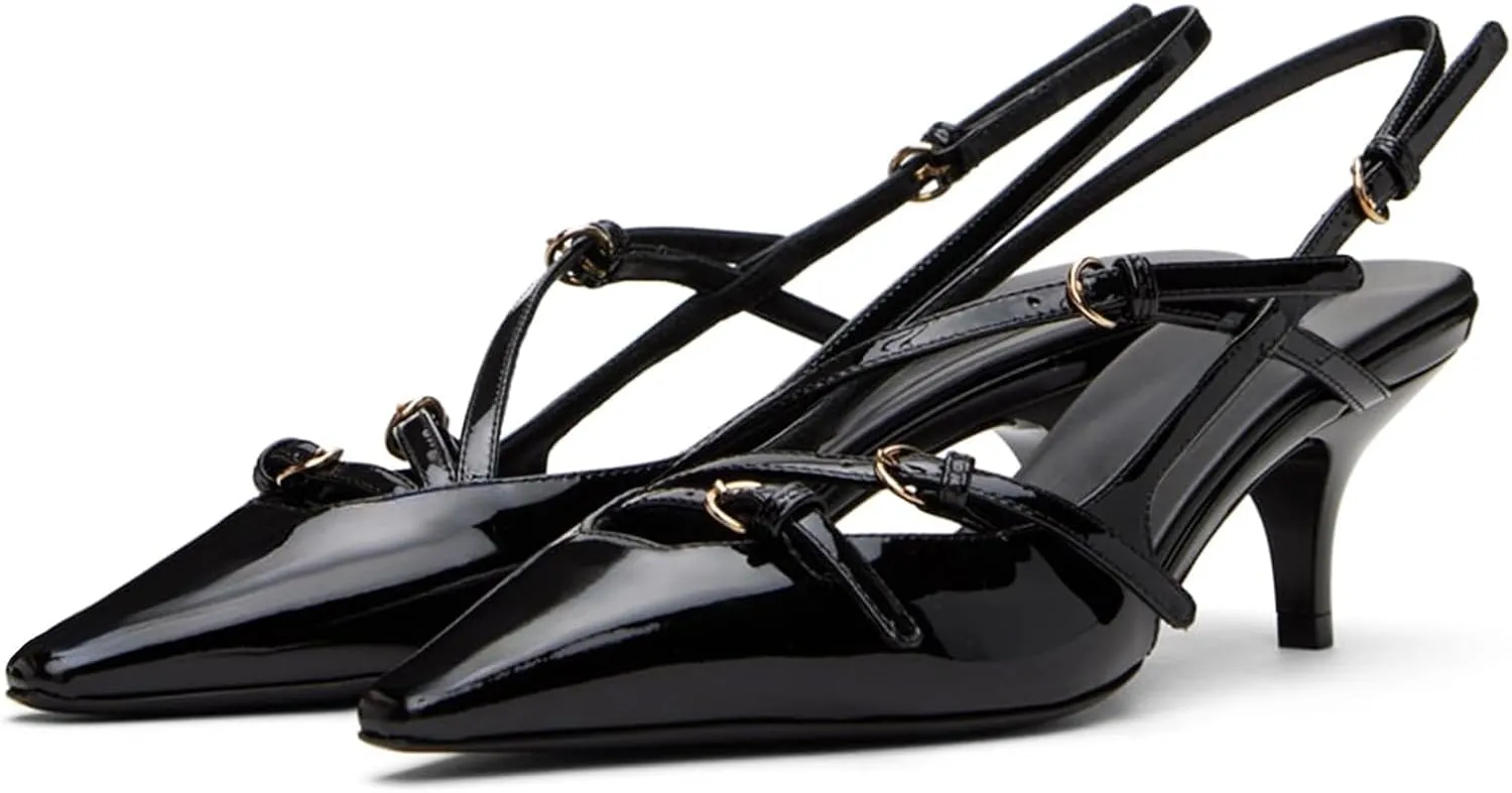 MICIFA Slingback Kitten Heels for Women Pointed Toe Stiletto Heels Slip On Pumps with Buckled Straps Dress Work Heeled Sandals