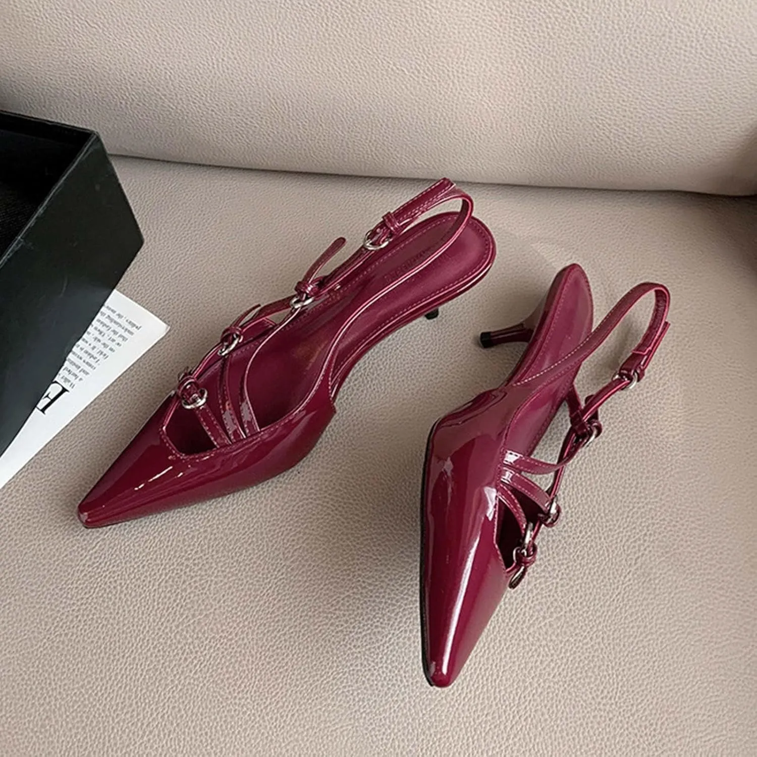 MICIFA Slingback Kitten Heels for Women Pointed Toe Stiletto Heels Slip On Pumps with Buckled Straps Dress Work Heeled Sandals