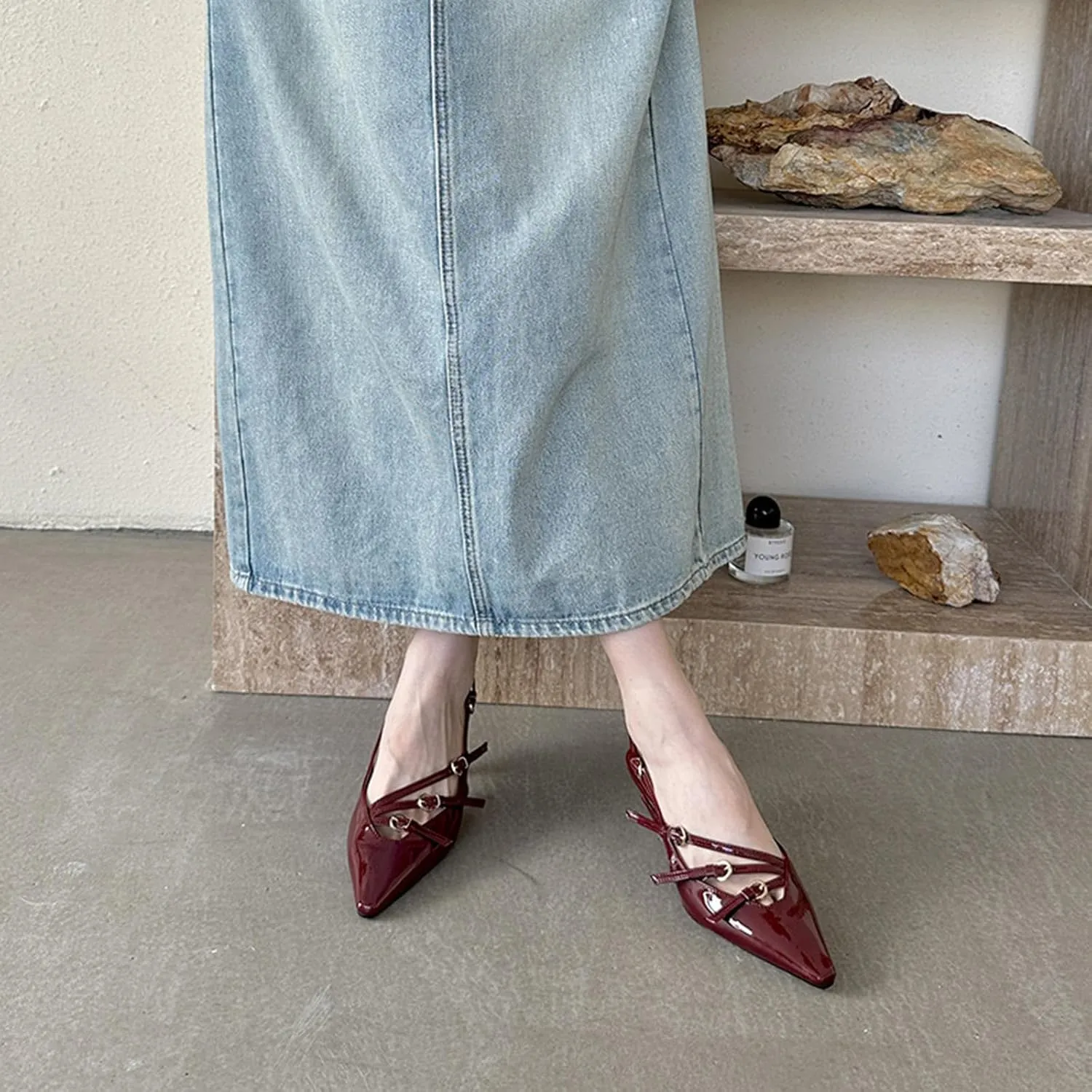 MICIFA Slingback Kitten Heels for Women Pointed Toe Stiletto Heels Slip On Pumps with Buckled Straps Dress Work Heeled Sandals