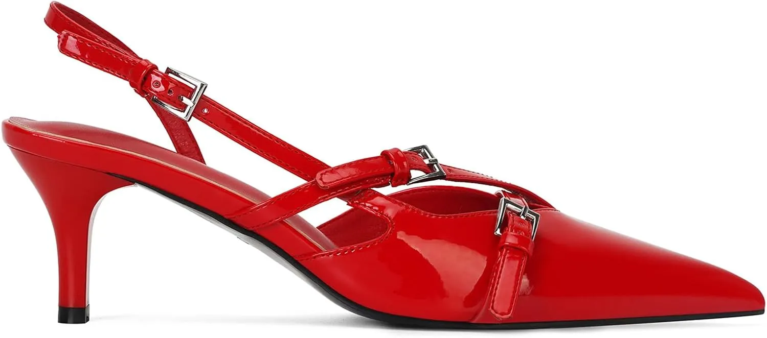 MICIFA Slingback Kitten Heels for Women Pointed Toe Stiletto Heels Slip On Pumps with Buckled Straps Dress Work Heeled Sandals
