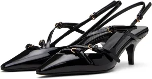 MICIFA Slingback Kitten Heels for Women Pointed Toe Stiletto Heels Slip On Pumps with Buckled Straps Dress Work Heeled Sandals