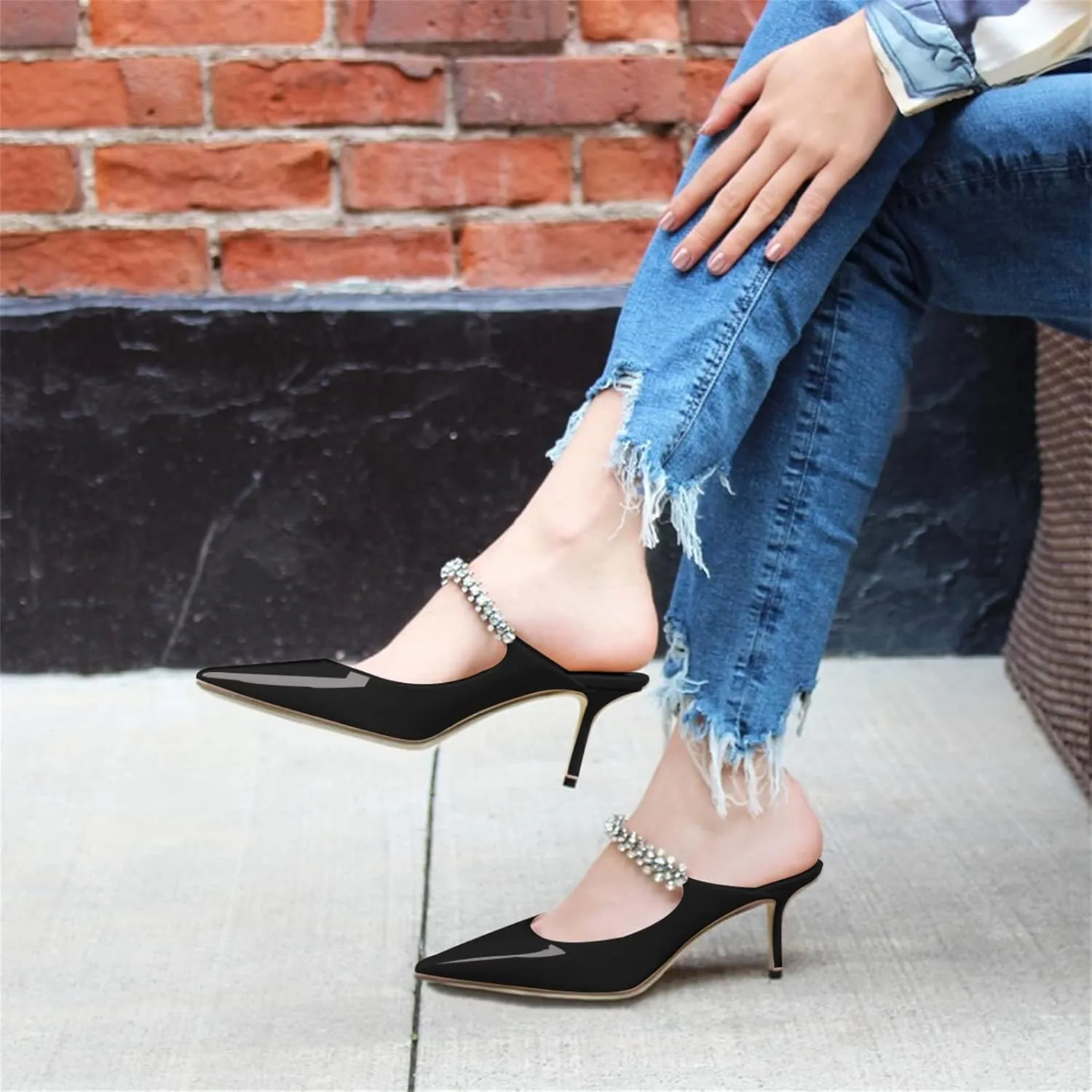 MIRAAZZURRA Women Heeled Mules Rhinestone Strappy Pointed Toe Mules Stiletto High Heels Slip On Bridal Sandals for Women