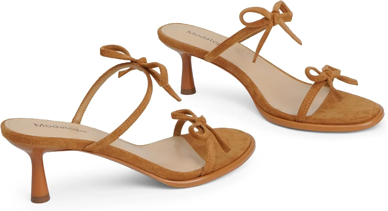 Modatope Two Strap Bow Tie Kitten Heel Sandals for Women Rounded Open Toe Heeled Sandals Women