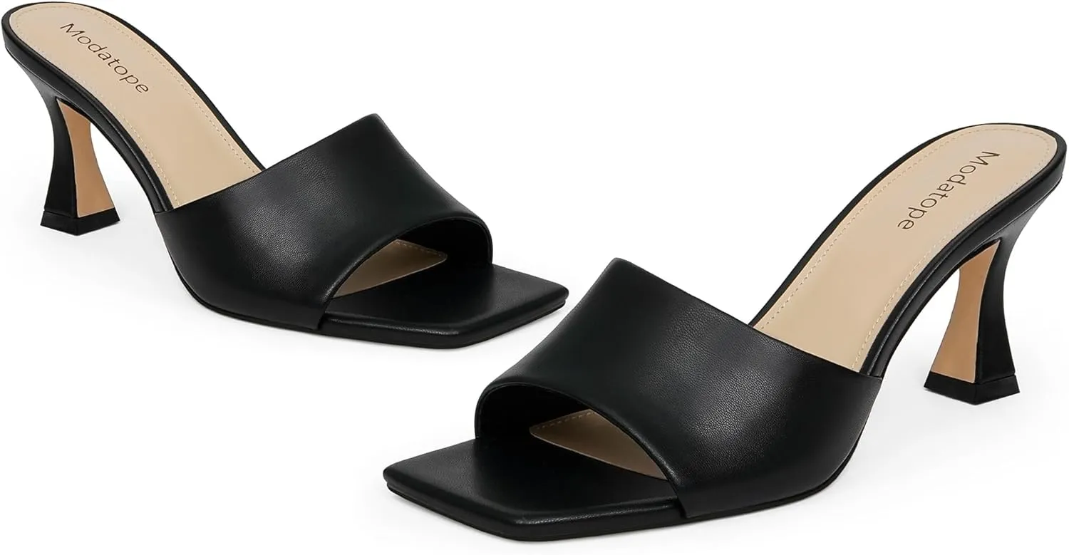 Modatope Womens Heeled Sandals Open Square Toe Heels Chunky Block Heel Slip On Sandals for Women