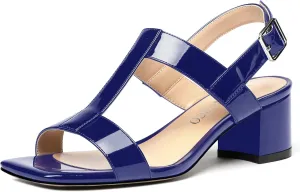 MODENCOCO Women's Buckle Dressy Patent Comfortable Dating Ankle Strap Open Toe Chunky Low Heel Heeled Sandals 2 Inch