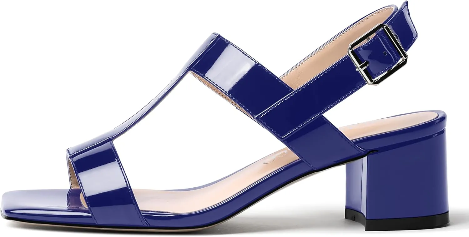 MODENCOCO Women's Buckle Dressy Patent Comfortable Dating Ankle Strap Open Toe Chunky Low Heel Heeled Sandals 2 Inch