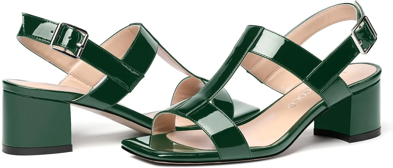MODENCOCO Women's Buckle Dressy Patent Comfortable Dating Ankle Strap Open Toe Chunky Low Heel Heeled Sandals 2 Inch