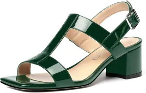 MODENCOCO Women's Buckle Dressy Patent Comfortable Dating Ankle Strap Open Toe Chunky Low Heel Heeled Sandals 2 Inch