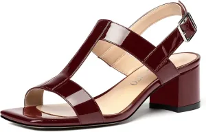 MODENCOCO Women's Buckle Dressy Patent Comfortable Dating Ankle Strap Open Toe Chunky Low Heel Heeled Sandals 2 Inch