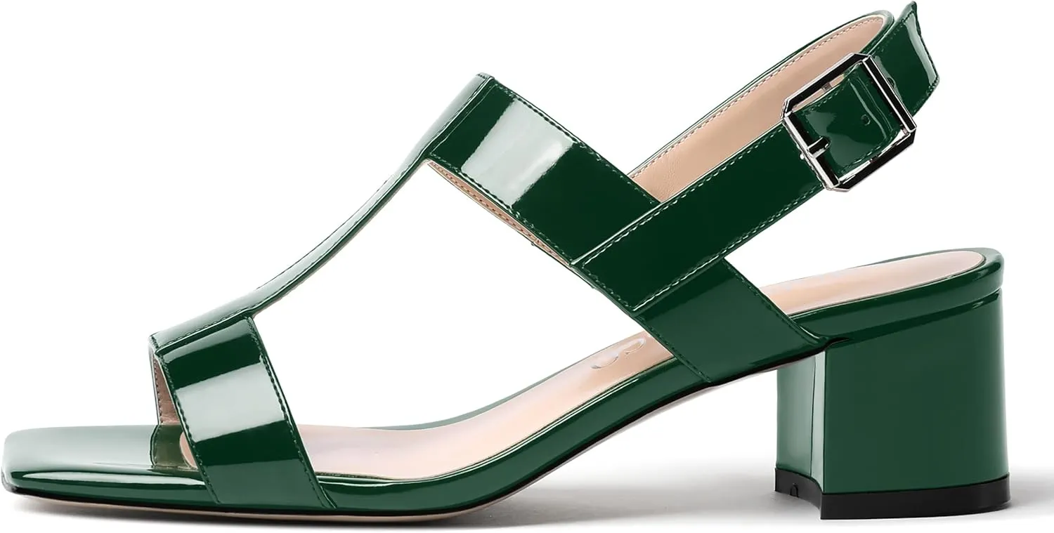 MODENCOCO Women's Buckle Dressy Patent Comfortable Dating Ankle Strap Open Toe Chunky Low Heel Heeled Sandals 2 Inch