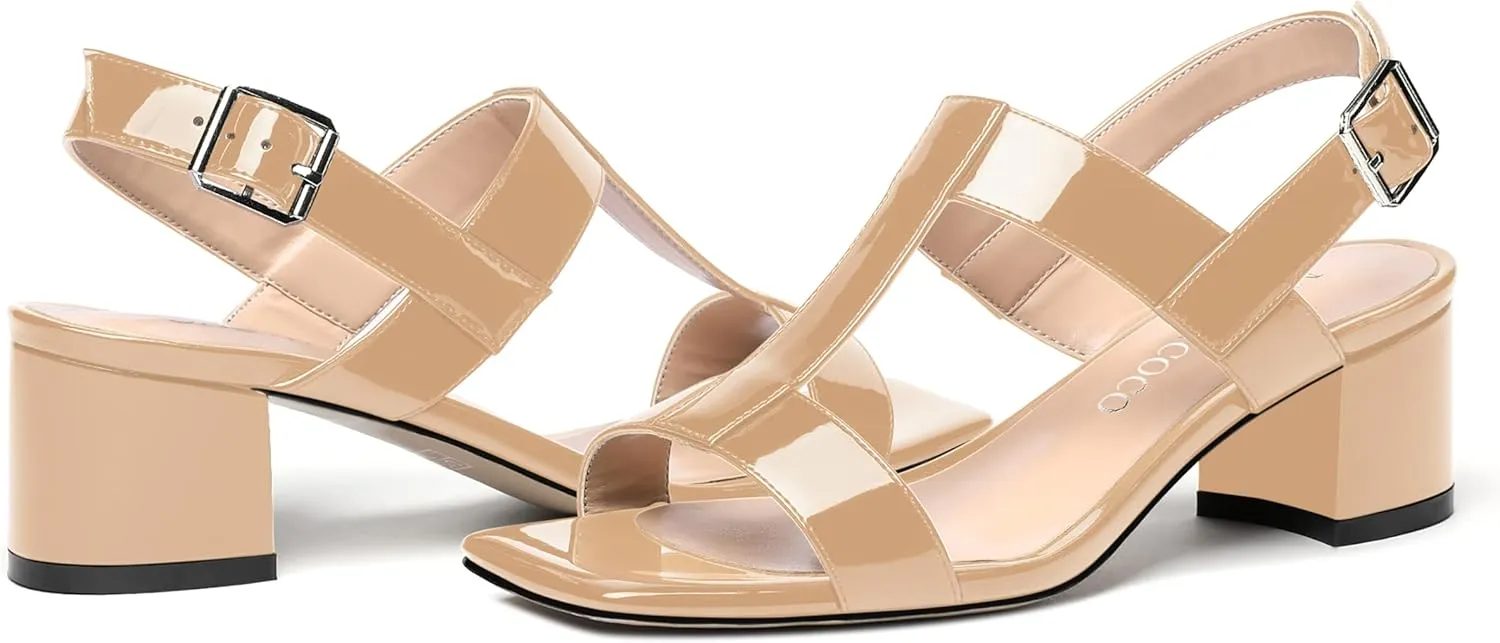 MODENCOCO Women's Buckle Dressy Patent Comfortable Dating Ankle Strap Open Toe Chunky Low Heel Heeled Sandals 2 Inch