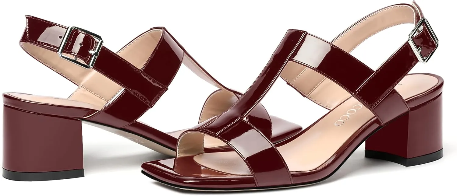 MODENCOCO Women's Buckle Dressy Patent Comfortable Dating Ankle Strap Open Toe Chunky Low Heel Heeled Sandals 2 Inch